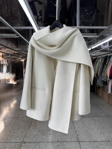 Scarf Collar 100%Wool Coat Women, Korean Fashion Elegant Outerwear, Loose Autumn Winter Jacket