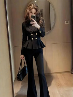 New Korean Fashion Office Lady Suit Jacket Women Autumn High End Elegant Slim Waist Double Breasted Long Sleeve Solid Color Coat