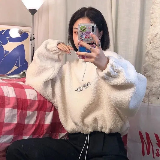 Imitation Lamb Wool Thickened Short Sweatshirt for Women Autumn Winter Half Open Neck Zipper Letter Embroidery Warm Pullover Top