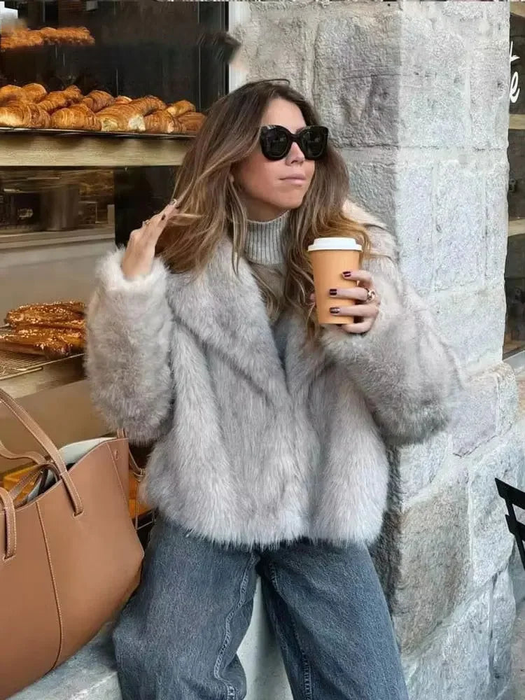 Women Elegant Faux Fur Coat Warm Fluffy Loose Long Sleeve Lapel Jacket Autumn Winter Fashion High Street Lady Outerwear