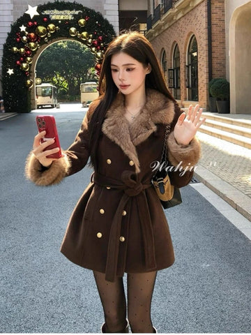 Neploe Fashion New French Style Vintage Coat Lace Up Woolen Slim Waist Premium Jackets Age Reduction Preppy Style American Tops
