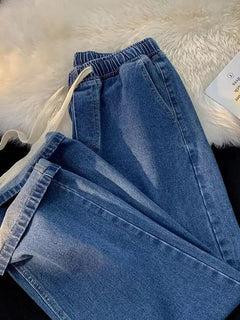 Loose Fit Men's Elastic Waist Jeans with Rope 9-Tenths Straight Leg Korean Style Trendy Versatile Large Size Nine-Piece Pants