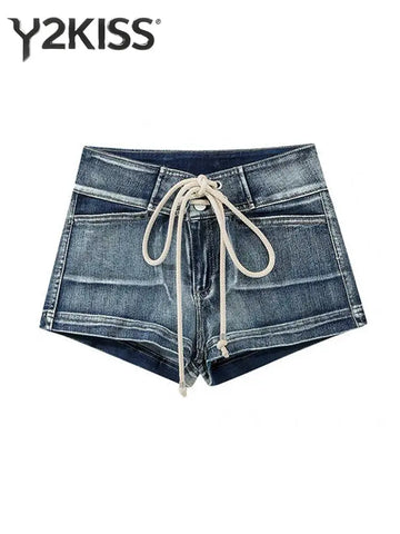 Summer Women Kpop Jean Shorts Abi Y2K 2000s Lace Up Denim Hot Pants Grunge Gyaru Japanese American Retro Cyber Punk Harajuku New PlatiNum