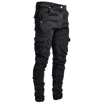 Men Street Elastic Denim Jeans Wash Solid Color Multi Pockets Cargo Pants Casual Slim Fit Daily Wear Joggers Mid Waist Trousers PlatiNum