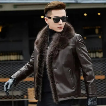 Winter Mens Clothing New Fur collar Turn-down Genuine Leather Men Solid Color Outerwear Coat Thick Warm Parkas