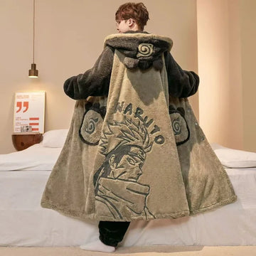 Men's Anime Themed Winter Coral Fleece Thickened Fluffy Plus-Size Long Hooded Pajama Set