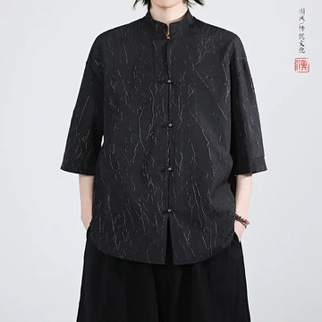 Camicia stile cinese da uomo lamina d'oro elegante vestibilità ampia camicie a maniche lunghe ispirate all'annata camicette sottili estive casual abbigliamento da uomo
