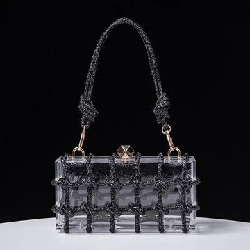 Classic 2025 Acrylic Box Bag with Woven Diamond Rope Handheld Evening Women's Bag Transparent Dinner Handbag European Style PlatiNum