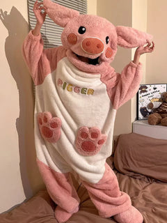 Women Pink Pig Hooded Onesie Pajamas Fluffy Flannel Jumpsuit Warm Winter Loungewear Unisex Home Sleepwear Halloween Cosplay