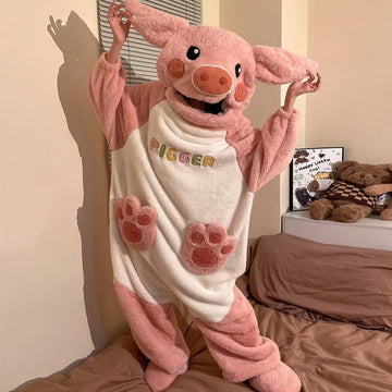 Women Pink Pig Hooded Onesie Pajamas Fluffy Flannel Jumpsuit Warm Winter Loungewear Unisex Home Sleepwear Halloween Cosplay