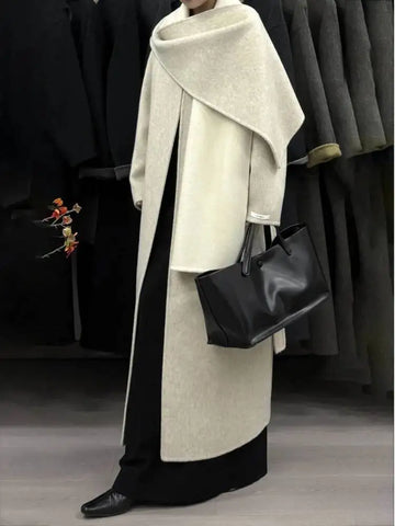 DFDG Woman's Cowl-neck Pure Color Versatile Patchwork Two-color Design 2025 Spring New Style Loose High-quality Long Coat