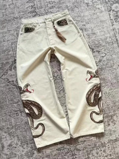 Jeans Streetwear Retrò con Ricamo Boa e Stampa Pitone, Pantaloni in Denim con Tasche, Tendenza Y2K, Unisex, Gamba Dritta e Vestibilità Ampia