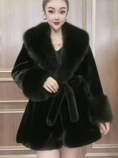 Luxury Brand Chic Faux Fur Coats Fur Collar Oversized with Belt Women Fur Jackets Winter Long Sleeve Outerwear Soft Coats New