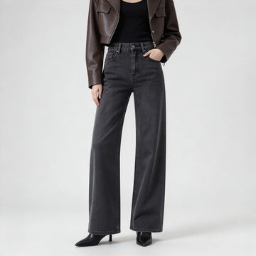 Women’s high-waisted, wide-leg jeans in smoky grey with a uniform wash; elegant, minimalist, relaxed-fit wide-leg denim, suitable for casual office wear and everyday outings FX-1338-5