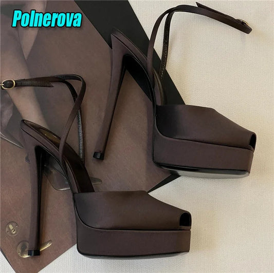Sexy Peep Toe Satin Women Sandals Fashion Shallow Platform Ankle Cross Strap 11Cm High Heel Shoes Banquet Party Stiletto Heels
