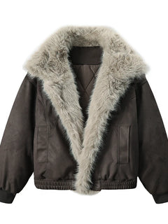 American Retro Mountain Carving Imitation Fur All-In-One Short Thickened Warm Lapel Cotton Jacket.