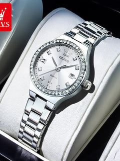 OLEVS 5628 Orologio al quarzo da donna Orologio da polso impermeabile luminoso in acciaio inossidabile con scala di diamanti e funzione data