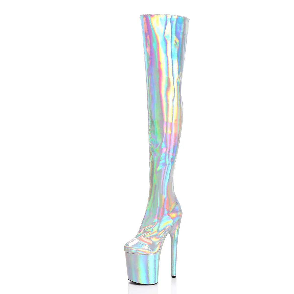 Sexy Silver Laser 8Inch Pole Dance Shoes Platform Crossdresser Over The Knee Boots Fetish Gothic 20cm Exotic Stripper Heels