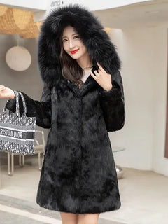 2025 Winter Coat Women Real Fur Fox Fur Coat Ladies Natural Rabbit Fur Jacket Long Hooded Fur Overcoat Wholesale Pockets Tops