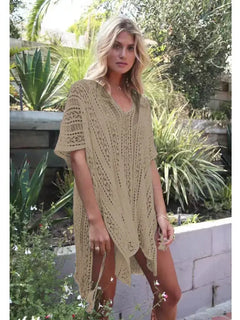 Neckholder-Strickkleid ohne Bikini, lange Ärmel, transparenter Ausschnitt, U-förmiges Überwurf-Strandkleid