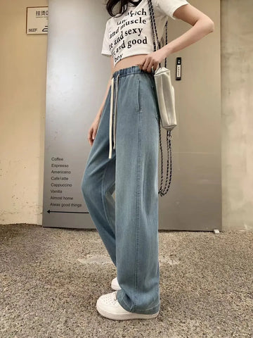 Jeans lavati curvi di seta pantaloni estivi in Denim a gamba larga larghi a vita alta da donna
