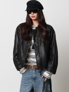Soft Sheepskin Genuine Leather Cropped Jacket Women Lapel Zip Up Snap Button Side Pockets Casual Autumn Real Leather Outerwear