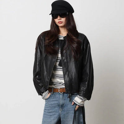 Soft Sheepskin Genuine Leather Cropped Jacket Women Lapel Zip Up Snap Button Side Pockets Casual Autumn Real Leather Outerwear