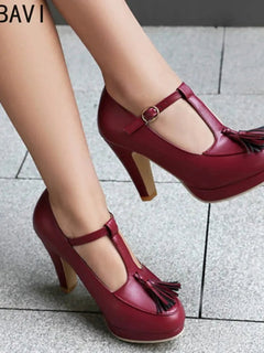 NASBAVI Fashion Female Pumps Round Toe Chunky Heels 9cm Platform 1.5cm Buckle T-Strap Tassels Plus Size 46 47 48 Sexy Shoes