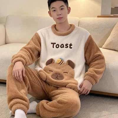 Adult Winter Thicken Sleepwear Pajamas Set Women Coral Fleece Pyjama Cartoon Deer Panda Hooded Homewear Loungewear Pijamas Suit