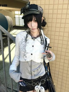 Karrram Japanese Y2k Fake Two-piece Knitted Tops Trashy 2000s Hooded Jacket Vintage Harajuku Knitwear Grunge Aesthetics American