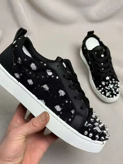 Handcrafted Custom-Made Sequined Rivet Casual Shoes, White Large-Sized Low-Top Lace-Up Sports Shoes 36-44