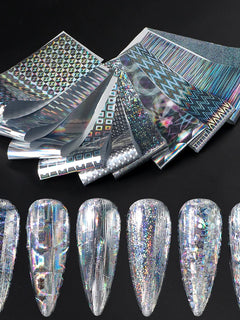 10pcs Holographic Chrome Silver Nail Art Foil Transfer Stickers Irridescent Rainbow Geometric Aurora Laser Nail Foils Decoration