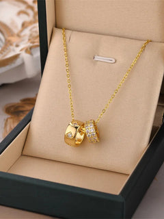 Non Tarnish Luxurious Fashion Crystal Rhombus Necklace with Ring Pendant Gold Color Jewelry for Women