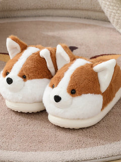 ZUOFU For Women Men Corgi Plush Slippers Autumn Winter Warm Non-Slip EVA Sole Indoor Fluffy Home Cotton Slippers
