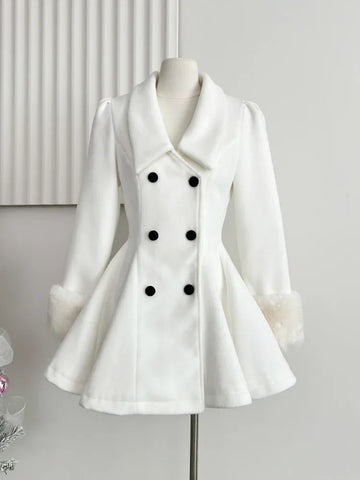 Elegant Warm Winter Fur Collar Woolen Coat Women French Style Hepburn Slim Mid-length Outwear 2025 Vintage Lolita Chic Outfits