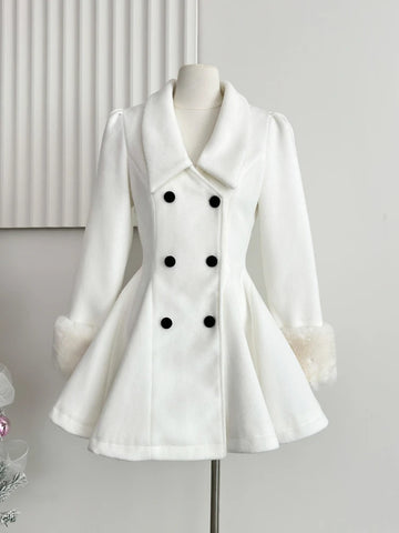 Elegant Warm Winter Fur Collar Woolen Coat Women French Style Hepburn Slim Mid-length Outwear 2025 Vintage Lolita Chic Outfits