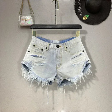 Shorts in denim da donna a vita alta, strappati, con orlo grezzo e sfilacciato, casual, hot pants - platinumshop