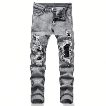 Men‘s Stretchy Denim Jeans Streetwear Tearing Patchwork Holes Ripped Denim Elastic Waist Casual Pants Slim fit Straight Trousers PlatiNum