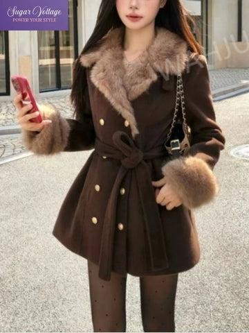 Winter Korean Fashion Wool Coat for Women Slim Fit Double Breasted Belted Fur Collar Jacket Elegant Chic Warm Long Outerwear