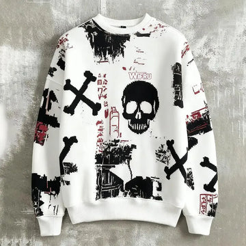 Men's Skull Print Sweatshirt Street Style Retro Graffiti Fashion Pullover Autumn Harajuku Style Casual Loose Crew Neck Top