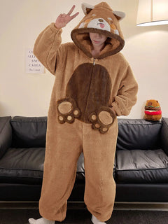 Kawaii Winter Couple Sleepwear Cartoon Dog Pajamas Onesie Soft Warm Coral Fleece Loose Hooded Homewear Nightgown for Men Women