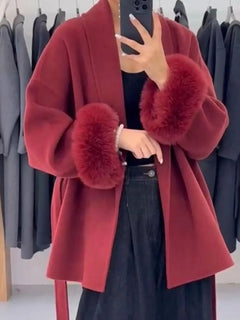 Retro Black Fur Patchwork Woolen Coat Women Chic Full Sleeve V-neck Lace Up Loose Long Overcoat 2025 Lady Winter Commute Outwear
