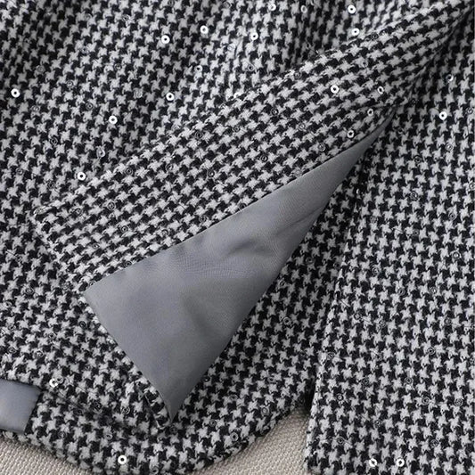 Women's Blazer Two-piece Set Spring Autumn New Fashion Glitter Vintage Suit Jacket Elegant Casual Shorts +Shiny Check Outwear Se