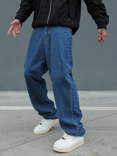 New Men's Cotton Baggy Y2K Jeans Fashion Male Clothes Elastic Waist Washed Wide Leg Pants Solid Straight Loose Denim Trousers