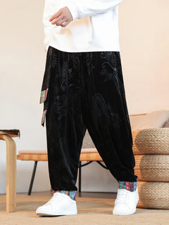 Pantaloni da uomo Kung Fu Tai Chi Pantaloni casual tradizionali da uomo stile cinese retrò allentato fiore scuro drago stampa pantaloni a gamba larga da uomo