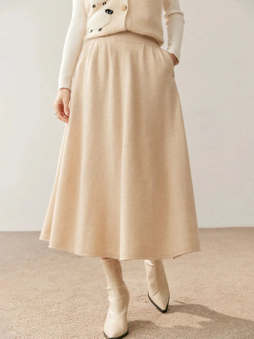 Women's 100% Pure Cashmere Skirt Autumn Winter Mid-calf A-line Knitted Full Skirt High Waist Soild Dress Elegant Basic High-end PlatiNum