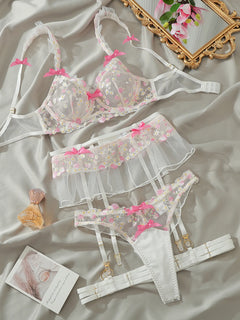 4pcs Sexy White Women's Lingerie Set French Ultra-Thin Lace Pink Floral Embroidery Bra and Panties Garter Stockings Leg Straps
