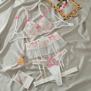 4pcs Sexy White Women's Lingerie Set French Ultra-Thin Lace Pink Floral Embroidery Bra and Panties Garter Stockings Leg Straps