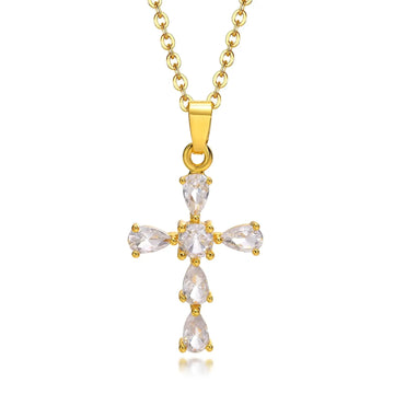 Danity Cubic Zirconia Cross Pendant Necklace for Women, Stainles Steel Chain Adjustable PlatiNum