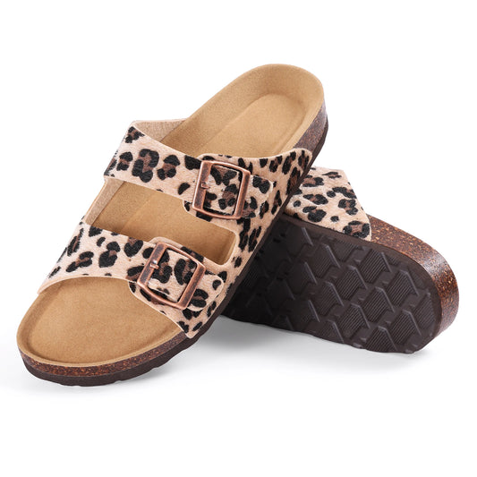 Eyriphy New Women Open Toe Leopard Slides With Adjustable Buckle Classic Flat Sandals Casual Cork Footbed Women's Slippers